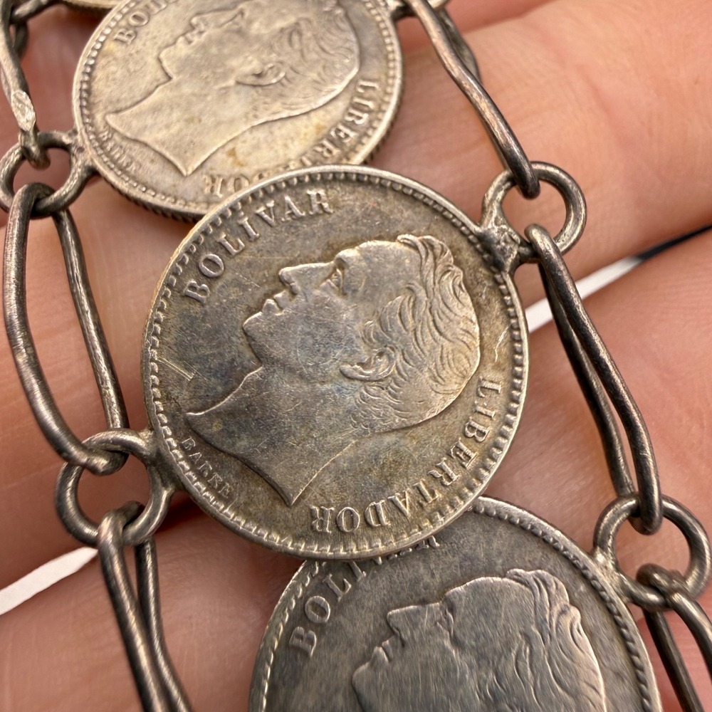 Vintage Coin Bracelet Venezuela Silver Tone 7.5"‎